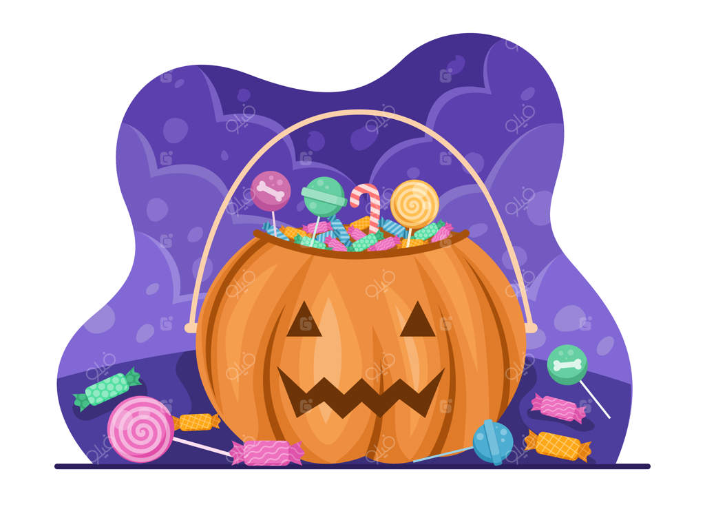 شیرینی هالووین در کیسه یا سبد کدو تنبل برای جشن روز هالووین