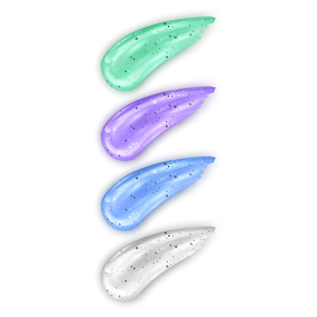 اسکراب آرایشی رنگارنگ، نمونه‌های ماسک جدا شده بر روی زمینه سفید. محصول زیبایی لایه‌برداری برای مراقبت از پوست صورت همراه با کرم یا ژل، طراحی بسته‌بندی به‌صورت تیوبی، تصویرسازی واقعی سه‌بعدی وکتور.