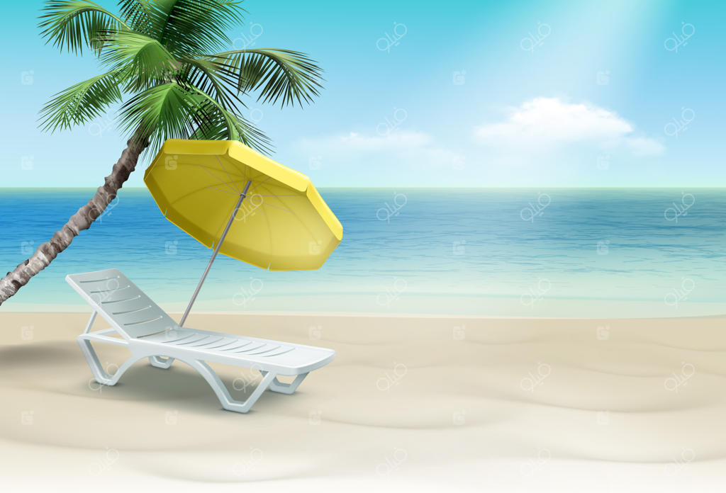 تخت پلاستیکی سفید زیر چتر زرد کنار نخل، منظره‌ای زیبا