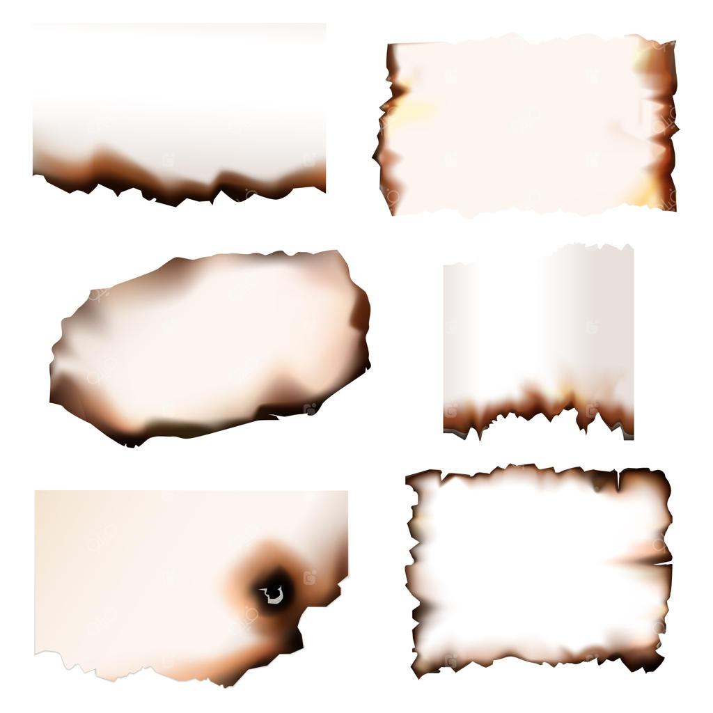 کاغذ سوخته با لبه‌های در حال سوختن، تکه‌های سوخته شده توسط آتش، طراحی واقعی، کاغذهای قدیمی یا ورقه‌های کاغذ با حاشیه‌های پاره شده