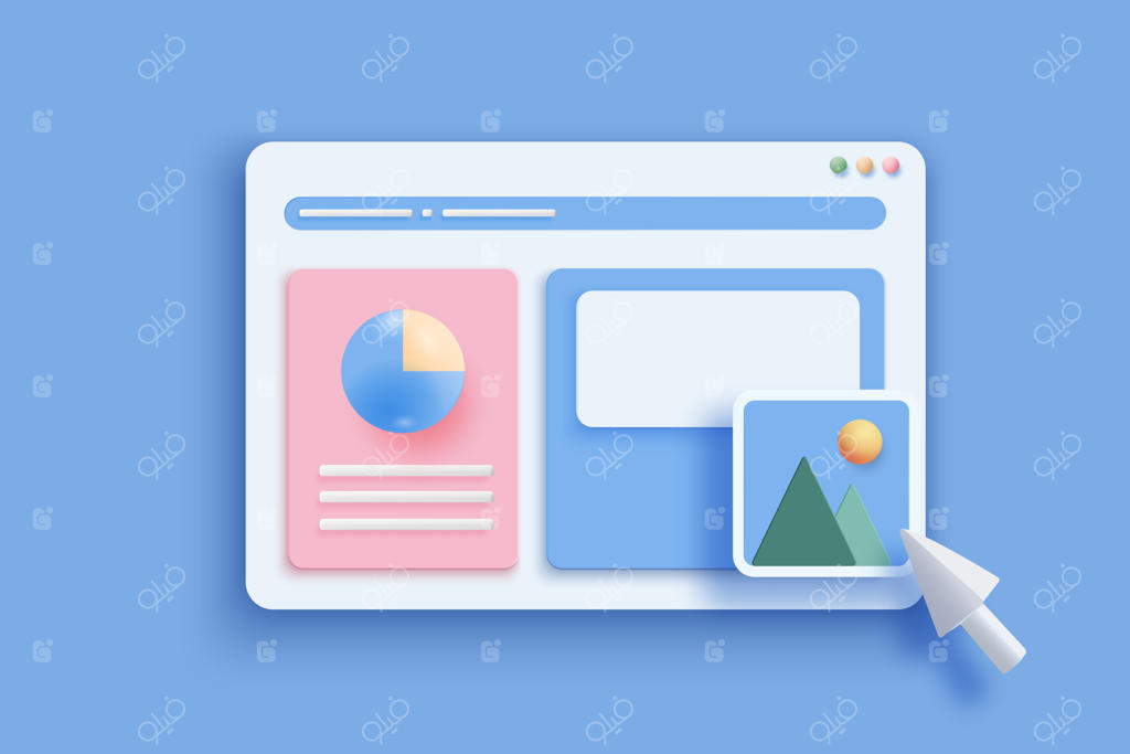 تصویر مفهومی اپلیکیشن‌های آنلاین و نمودار با عناصر وب واقعی و پیکان ماوس