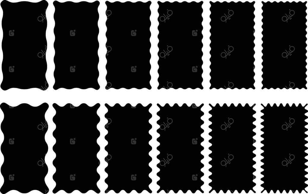 قاب‌های مستطیلی موج‌دار با حاشیه‌های دالبر سیاه: حاشیه‌های تمبر پستی. اشکال هندسی با لبه‌های موج‌دار و دالبر‌ها