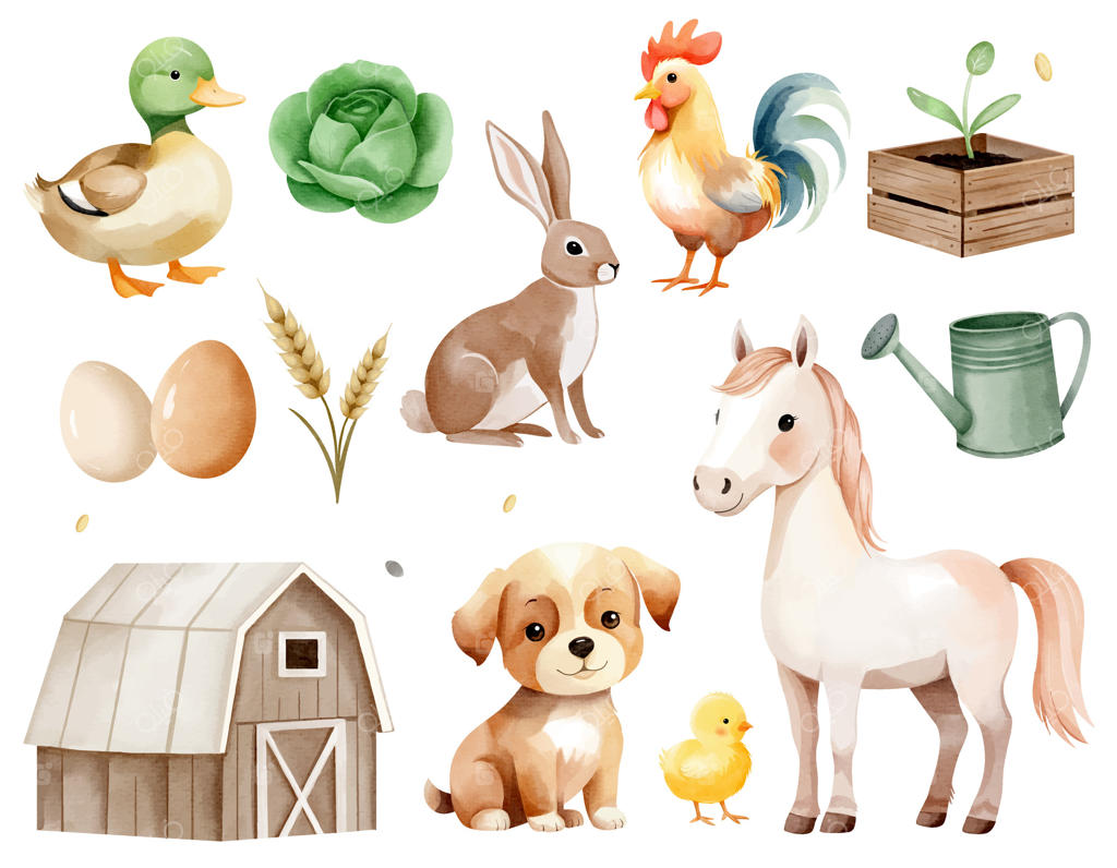 مجموعه آبرنگی عناصر مزرعه: حیوانات مزرعه مانند طویله، سبزیجات، تخم‌مرغ، توله سگ، خرگوش، اسب، اردک و خروس.