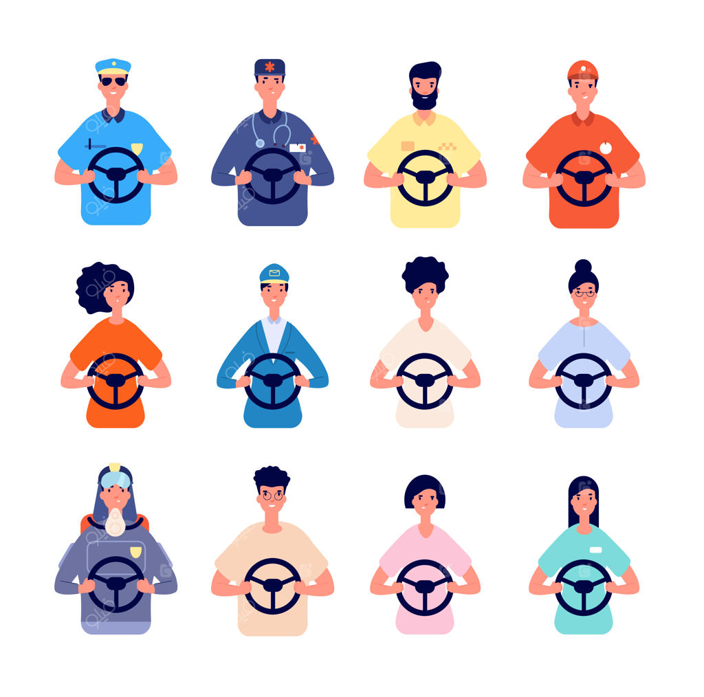 کاراکترهای راننده؛ آواتارهای افراد در حال رانندگی، راننده کامیون لجستیک و نیروهای پلیس. افراد داخل خودرو، تاکسی و اتوبوس، مجموعه وکتور پیک پست زن. تصویرسازی پروفایل پلیس، پزشک، آتش‌نشان و راننده تاکسی.