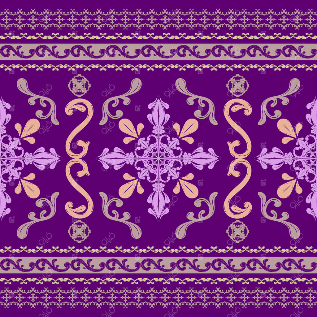 طراحی سلطنتی ویکتوریایی با پارچه‌های ابریشمی طلایی و نقوش گیاهی: پترن مرز پیوسته با تزیینات اسکرول باروک. طرح گل‌های آمیتیست برای پوشاک، چاپ پارچه، کاغذ دیواری و لباس.