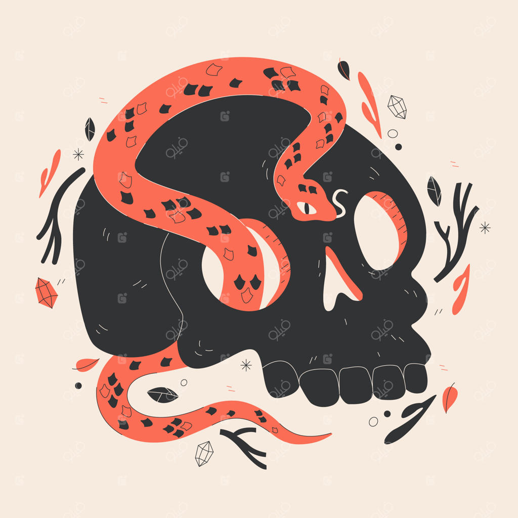 تصویر تاریک و اسرارآمیز با ماری و جمجمه