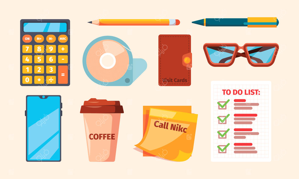 نمادهای تجاری، فهرست‌های برنامه‌ریزی و صفحه‌های روزانه برای برنامه‌ریزی، ابزارهای جلسات و سازماندهی روزانه، نقاشی‌های جذاب وکتور با کاغذها و دست‌های نشانگر