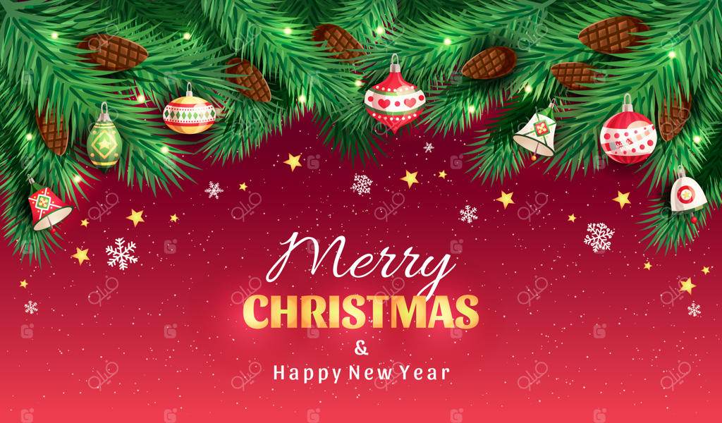 شاخه‌های درخت کریسمس با کاج و تزئینات کریسمس