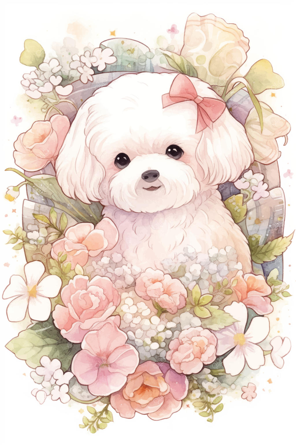 تصویر آبرنگی از یک بیچون فریز در قاب گلی.