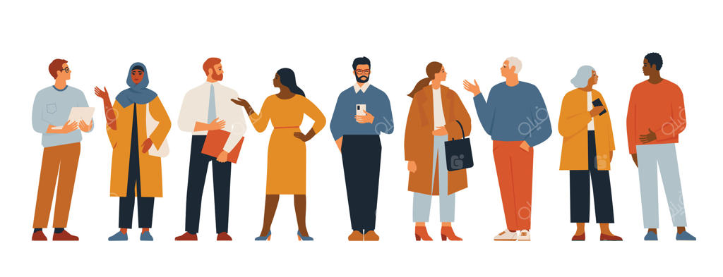 تیم تجاری چندملیتی؛ مجموعه کاراکترهای تخت زنان و مردان متنوع با نژاد، سن و اندام‌های مختلف و لباس اداری