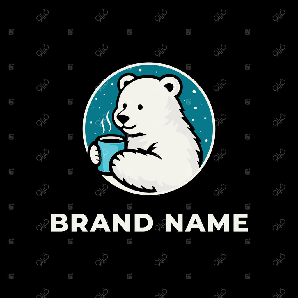 لوگوی کارتونی خرس قطبی بامزه با فنجان قهوه در یک دایره