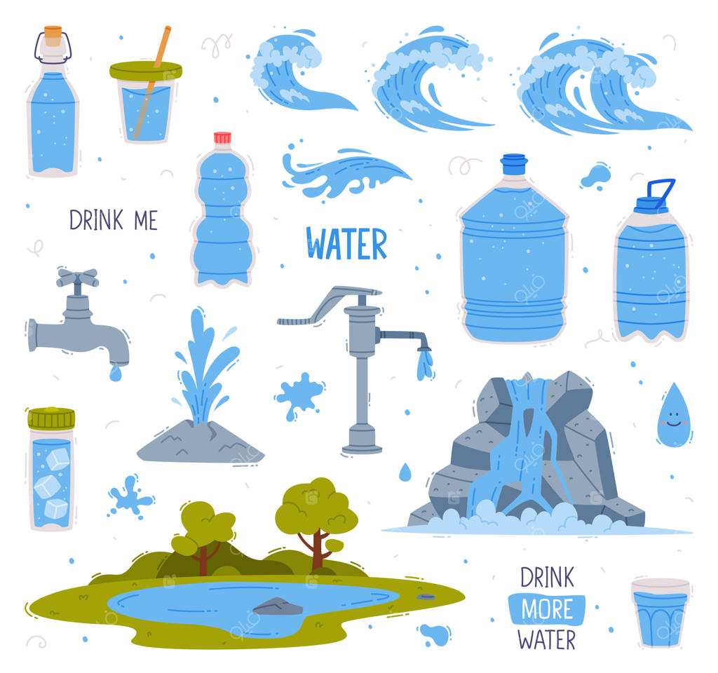 مجموعه وکتور بطری و لیوان آب خالص و شفاف با مفهوم نوشیدن آب بیشتر