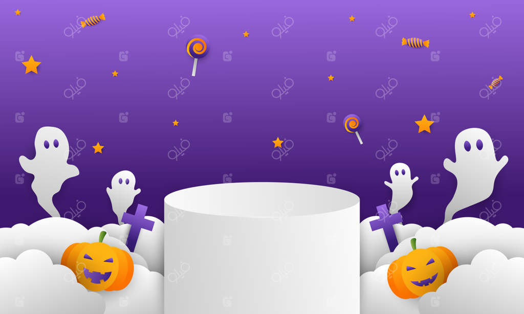 تصویرسازی وکتور از سکوی هالووین با آب نبات کدو تنبل و عناصر شبح