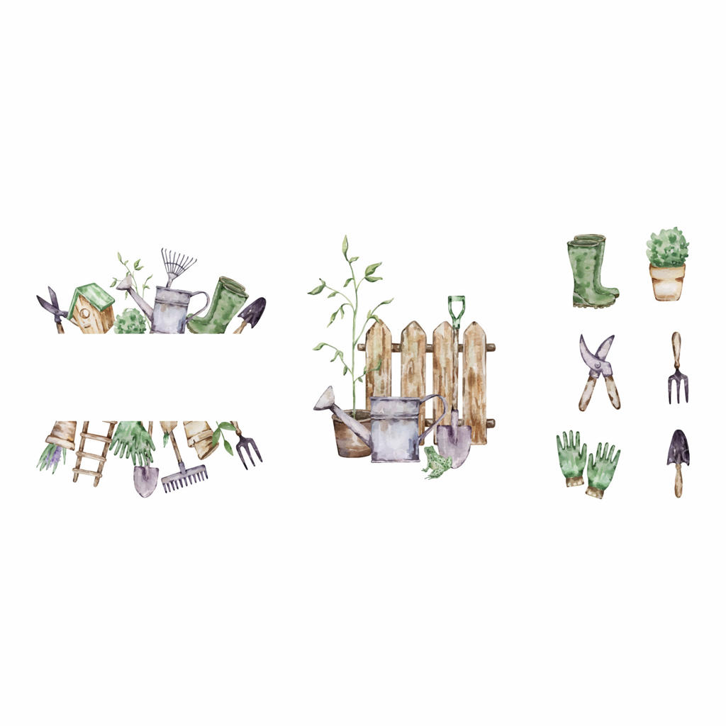 تابلوی باغ آبرنگی با عناصر ابزار باغبانی