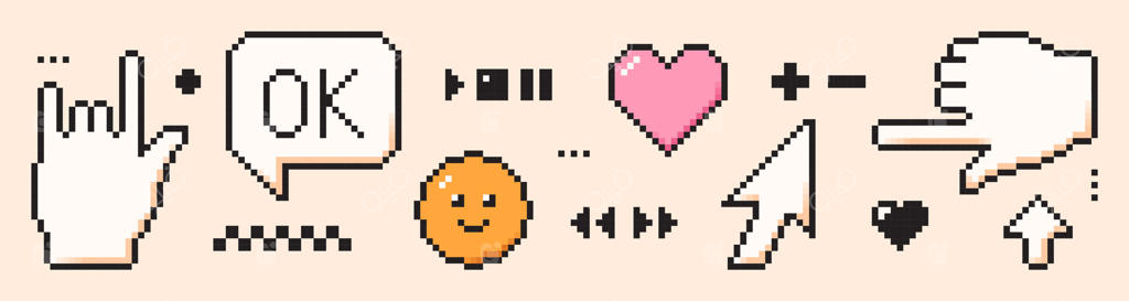عناصر هنر بازی پیکسلی: نمادهای سبک رترو ۸ بیتی. حباب گفت‌و‌گو، پیام خنده، نشانگر اوکی، فلش و قلب.