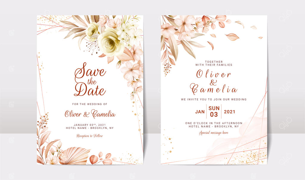 مجموعه قالب کارت دعوت عروسی طلایی با پس‌زمینه گل‌دار و آبرنگی