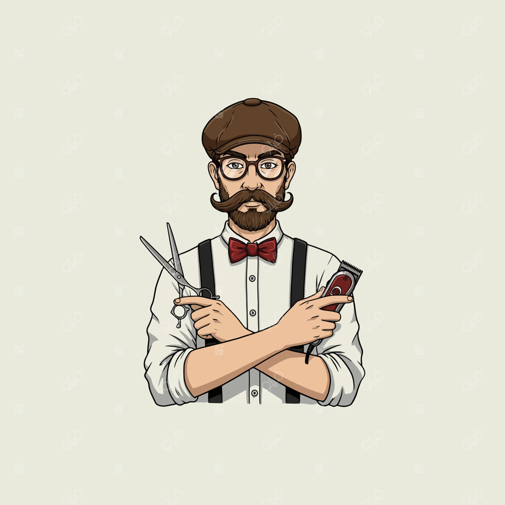 تصویر یک آرایشگر شیک را نشان می‌دهد که قیچی و ماشین اصلاح در دست دارد و ظاهری کلاسیک و قدیمی به نمایش می‌گذارد.