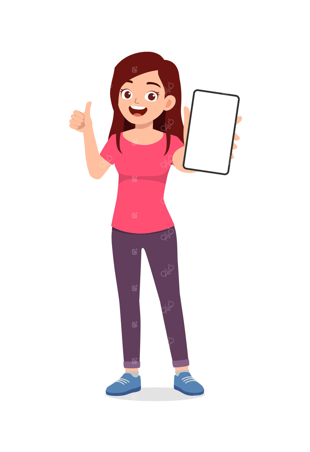 زن جوانی با لبخند صفحه گوشی را نشان می‌دهد و انگشت شستش را بالا گرفته است