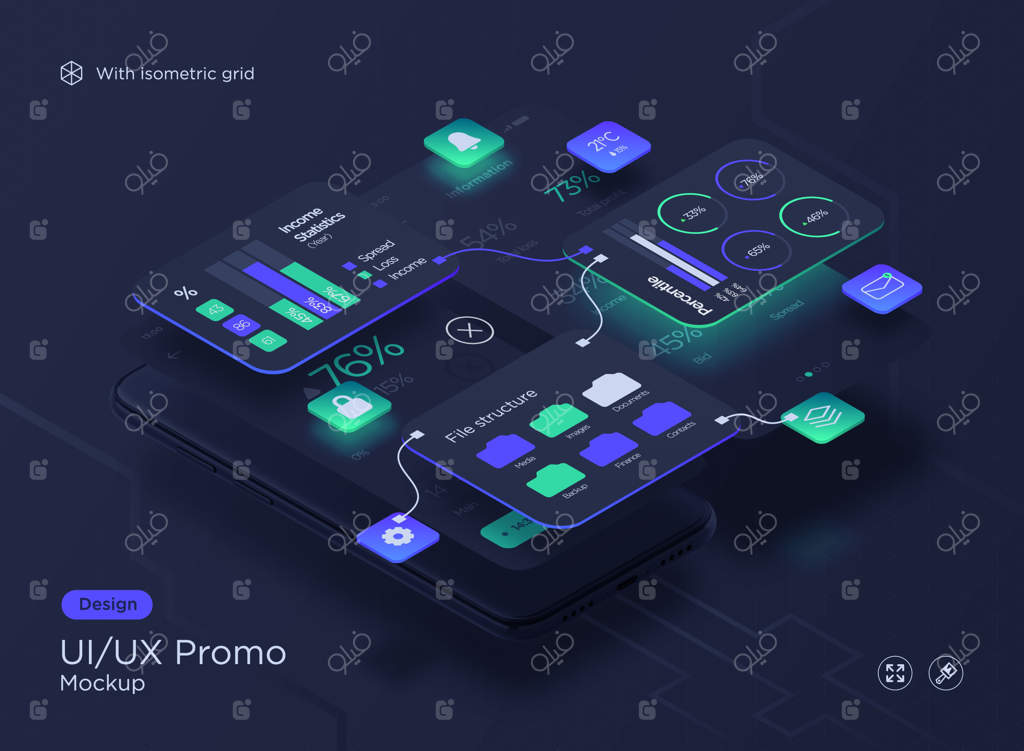 تصویرسازی ایزومتریک وکتور؛ طراحی رابط کاربری برنامه‌ای مدرن برای گوشی‌های هوشمند