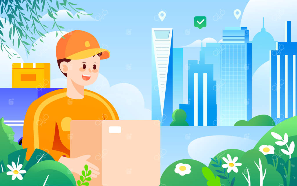 پیک موتوری با گیاهان و ساختمان‌ها در پس‌زمینه (طرح وکتور)