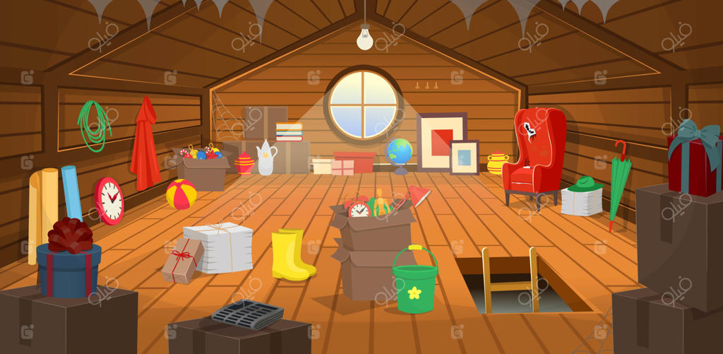 تصویر کارتونی زیر شیروانی چوبی با جعبه‌ها، یک صندلی راحتی، پنجره، ظروف، کتاب‌ها، نقاشی‌ها، لباس‌ها، کاغذ، چتر و هدایا.