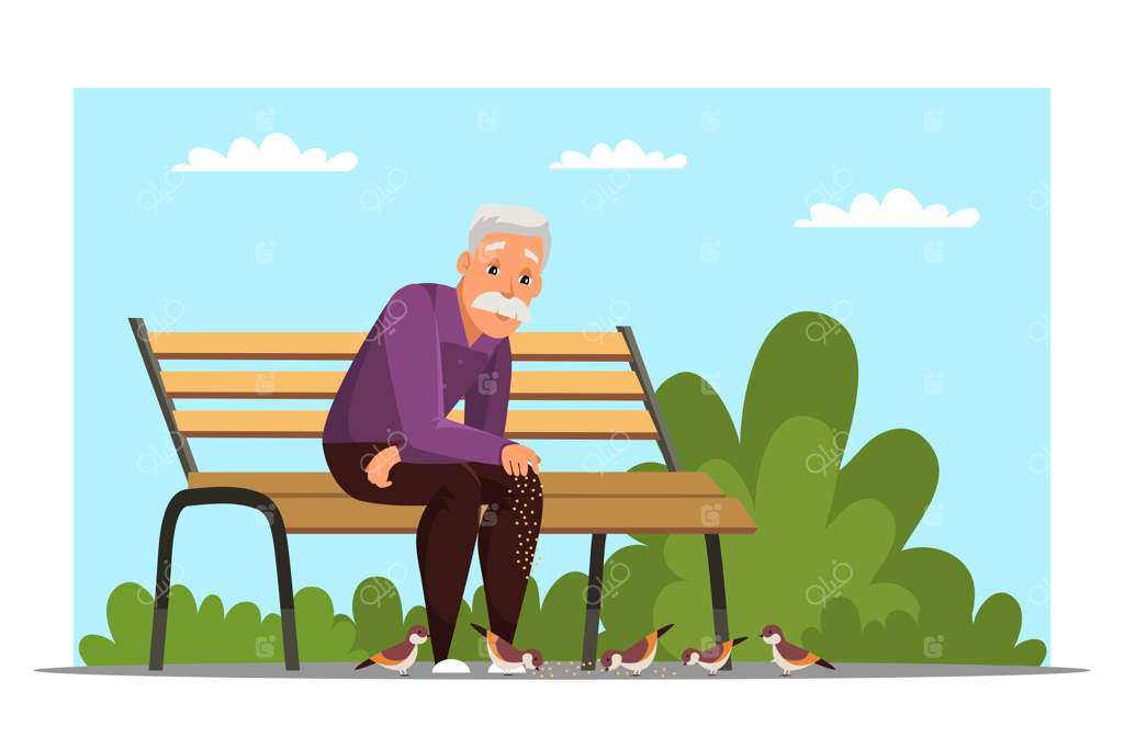 پیرمردی که به پرندگان غذا می‌دهد بازنشسته‌ای بر روی نیمکت در پارک شخصیت کارتونی پدربزرگ در حال استراحت در پارک هوای تازه و تفریح مفهوم دوران بازنشستگی