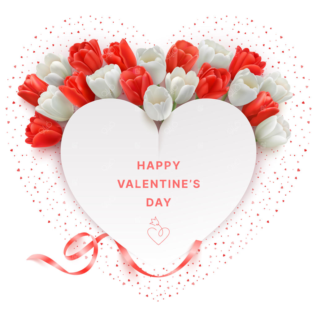 کارت پستال روز ولنتاین با لاله‌های قرمز و سفید