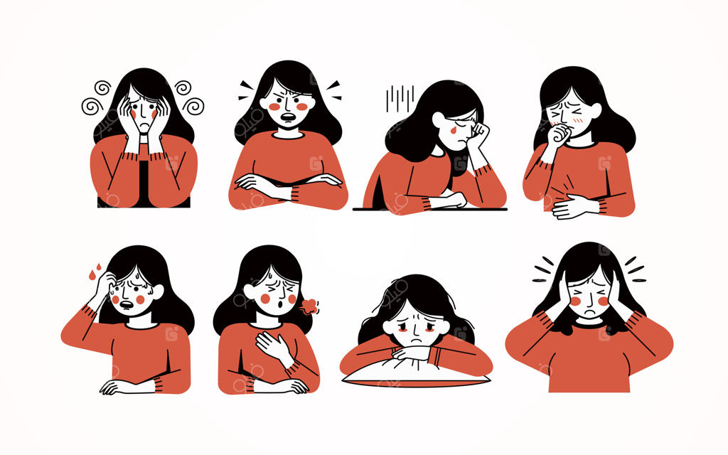 زن با علائم اضطراب، کارتون، مناسب برای بهداشت روان و عناصر طراحی