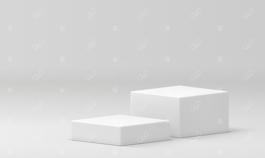 تصویر سکو سه‌بعدی سفید با پله‌های مربعی در پس‌زمینه استودیو خنثی