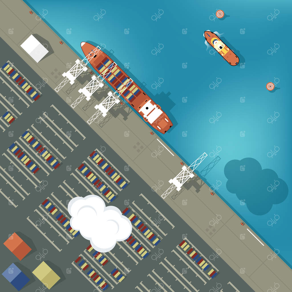 تصویرسازی از یک بندر باربری به سبک تخت. نمای بالا.