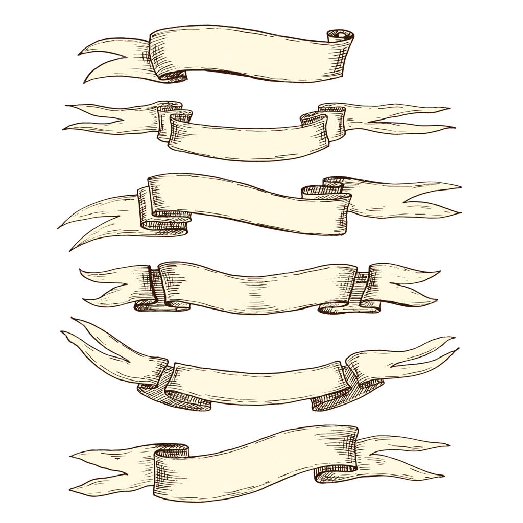 شش روبان رنگی قدیمی، به سبک رترو با الگوهای چرخشی و تاخورده. تصویرسازی وکتور دستی.