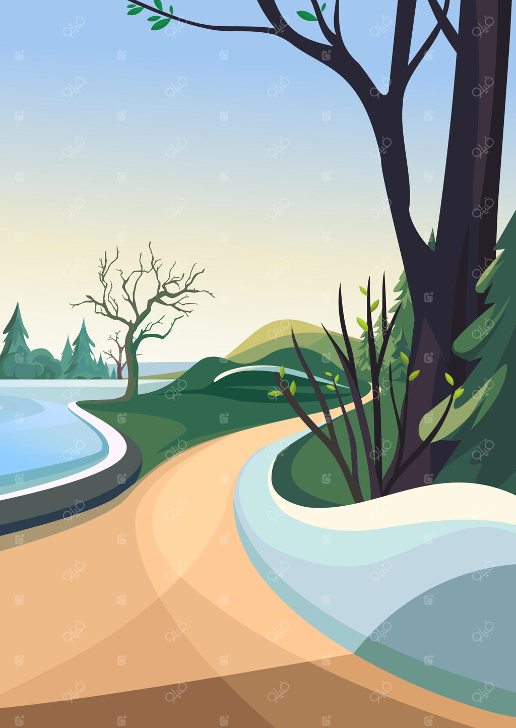 پارک بهاری کنار دریاچه: منظره‌ای طبیعی در قاب عمودی.