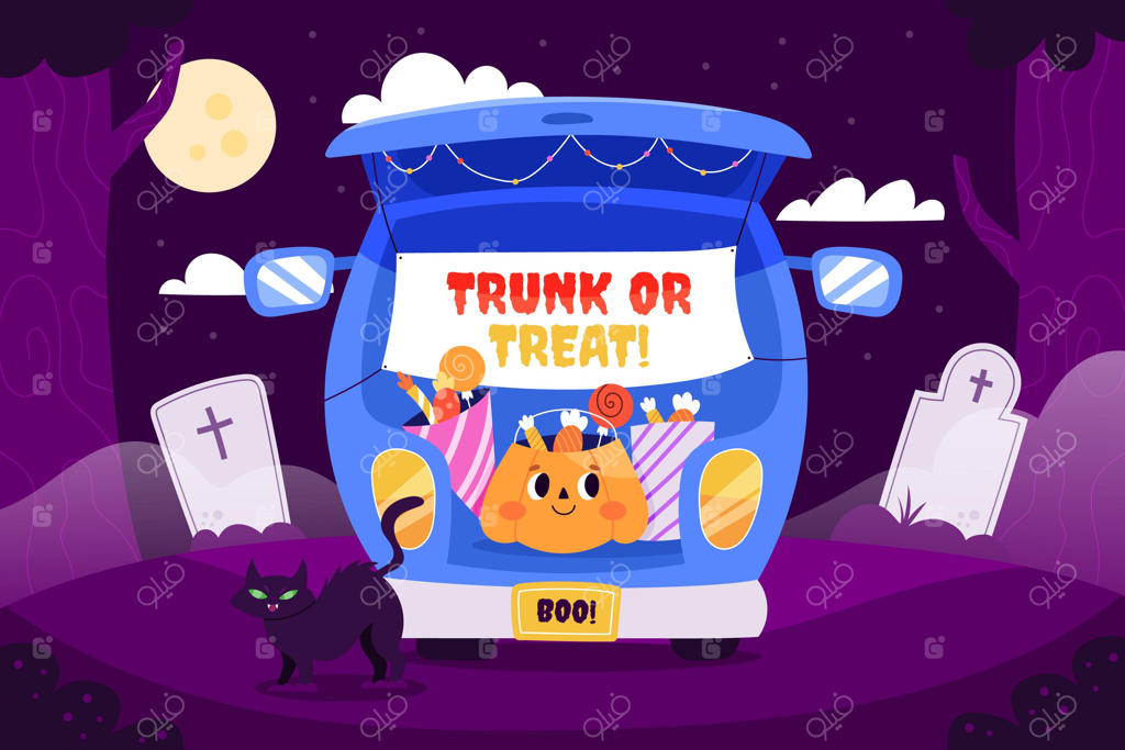 پس‌زمینه دست‌کشیده جشن هالووین از صندوق عقب ماشین