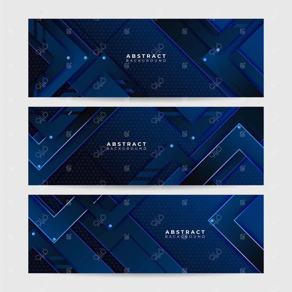 پس‌زمینه مدرن و لوکس فناوری: طراحی مشبک هگزاگونال با ترکیب فلزی مشکی و آبی متالیک، با رویکرد تکنولوژی پیشرفته و بازی، بنر گسترده و والپیپر آینده‌نگر