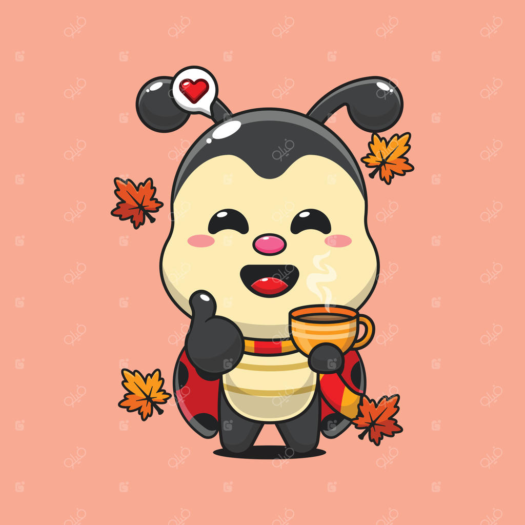 کارتون بامزه کفشدوزک با فنجان قهوه در روز پاییزی