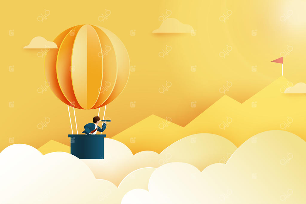 کارآفرینی با تلسکوپ در بالن هوای داغ به دنبال پرچم قرمز بر قله کوه | مفاهیم موفقیت و تجارت | تصویرسازی هنر کاغذی