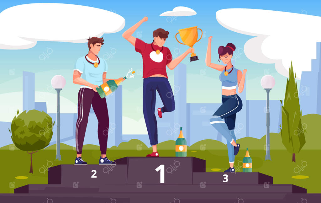 اعطای جایزه به برنده با ترکیب‌بندی تخت شامل منظره شهری و شخصیت‌های ورزشکاران خوشحال بر روی سکوی قهرمانی