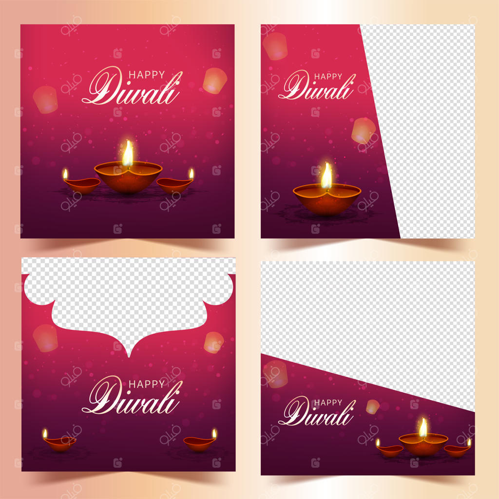 چهار گزینه برای پست‌های شبکه‌های اجتماعی دیوالی با تصاویر دیای (چراغ روغنی) واقعی و فضای خالی برای متن