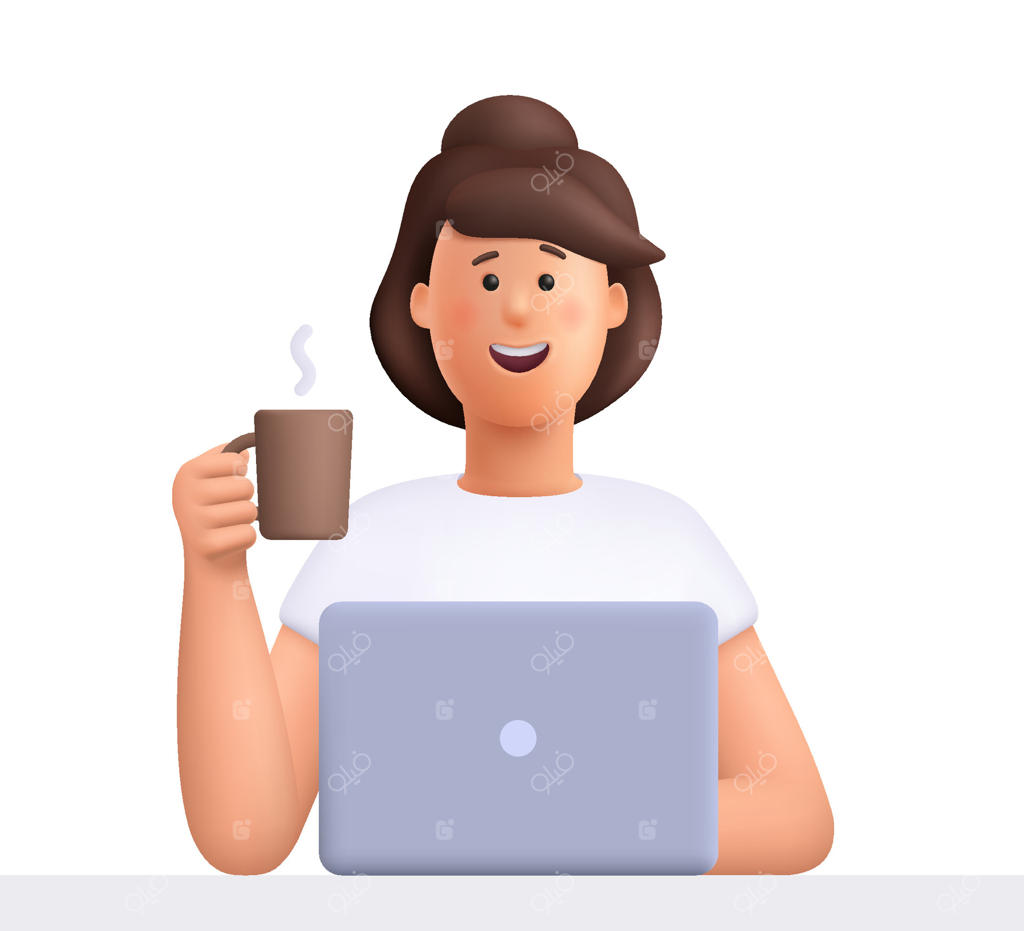 زن جوان در حال کار با لپ‌تاپ و فنجان قهوه به دست. فریلنس، آموزش آنلاین یا مفهوم شبکه‌های اجتماعی. شخصیت سه‌بعدی. سبک کارتونی و مینیمال.
