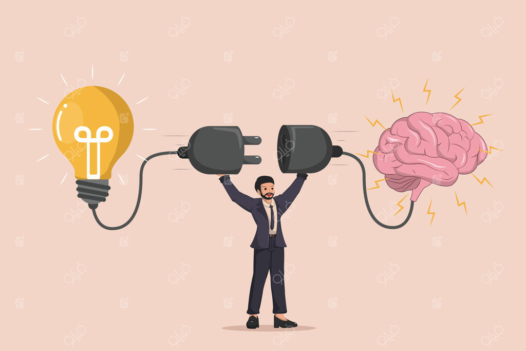 پیوند ایده و ذهن؛ تصویرسازی مرد تاجر در حال اتصال لامپ ایده به مغز با دوشاخه برق برای خلق ایده‌های نو