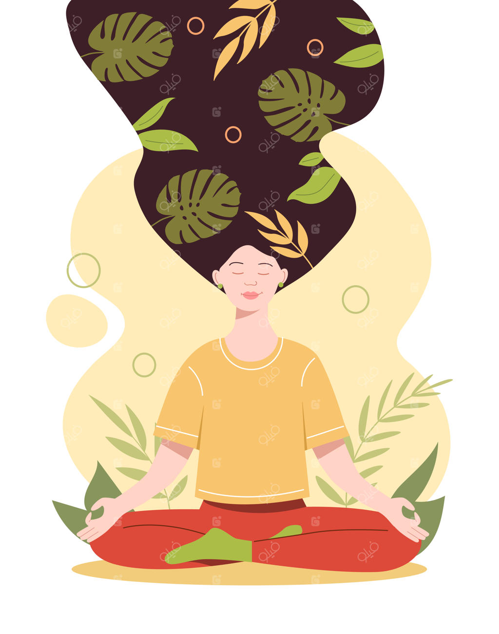 مفهوم ذهن‌آگاهی: دختری جوان در حالت لوتوس نشسته و به یوگا و مدیتیشن برای آرامش و تعادل درونی می‌پردازد