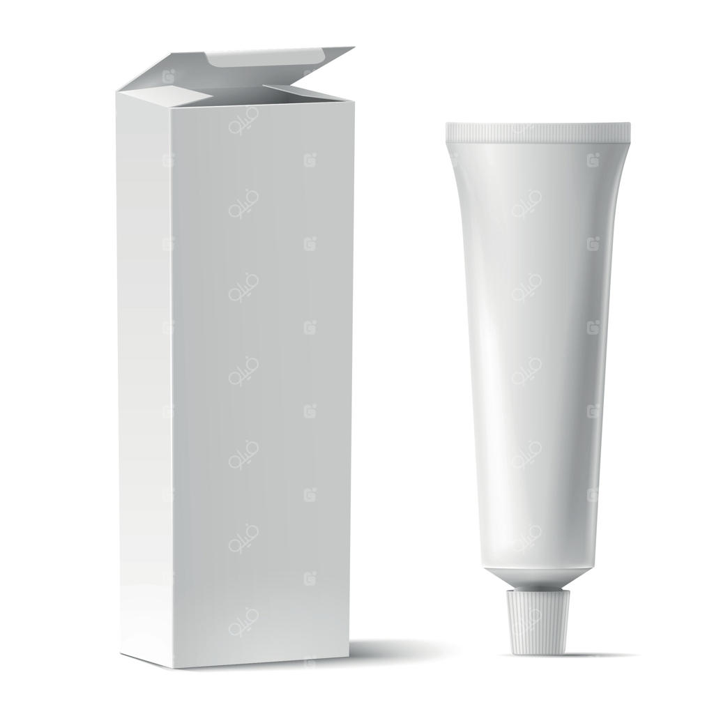 ماکت واقعی تیوپ و جعبه: قالب وکتور تیوپ پلاستیکی سفید برای خمیردندان یا کرم، ژل و بسته‌بندی مقوایی مستطیلی