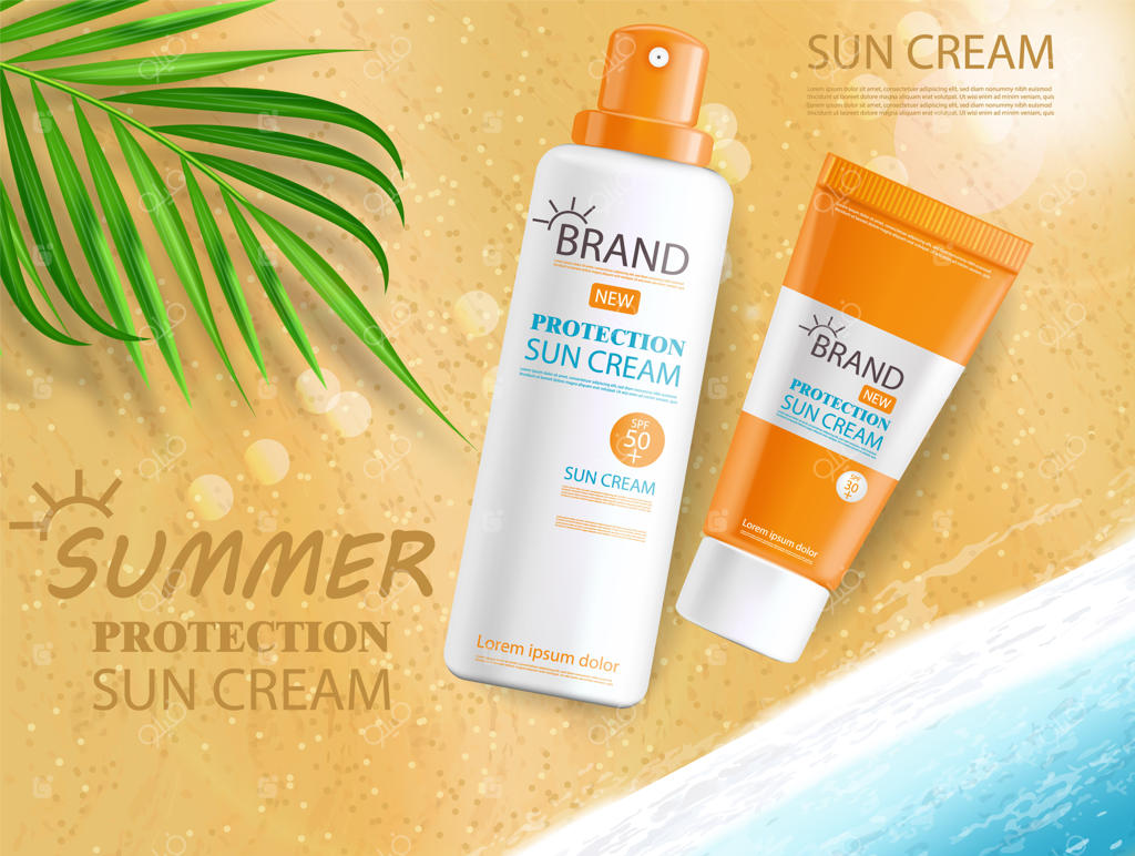 بطری کرم ضد آفتاب واقعی و جدا شده، پس‌زمینه دریا، بنر استوایی، بسته‌بندی، محافظت در برابر آفتاب، لوازم آرایشی تابستانی