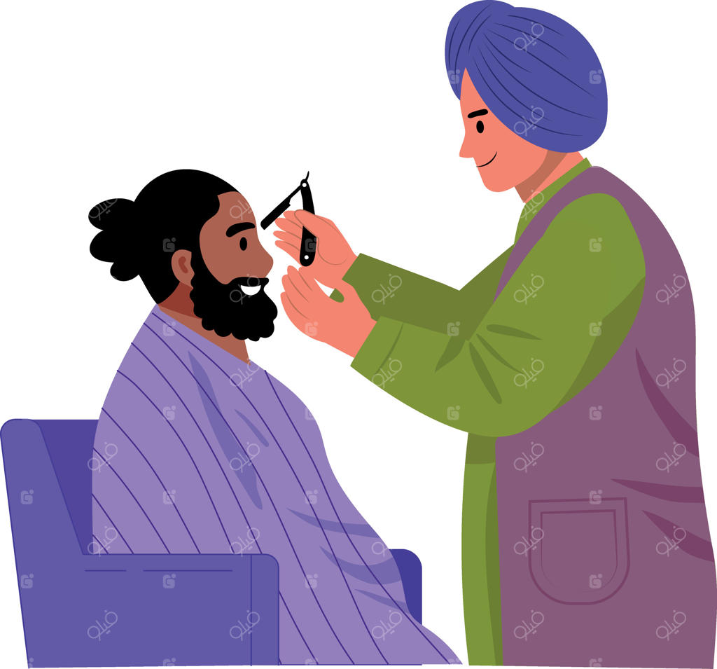 تصویری به سبک مسطح از آرایشگری در حال کوتاه کردن موها