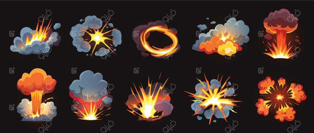 افکت‌های انفجاری کارتونی: فوران آتش با دودهای پویا، جرقه‌های درخشان و انفجارهای آتشین. تصاویر بصری انفجاری، مجموعه‌ای از انفجارهای بمب مجزا