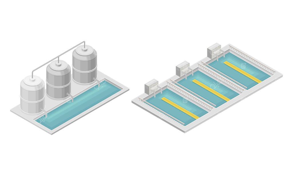 فرآیند تصفیه آب با فیلتراسیون و تقطیر در مخزن استوانه‌ای و مجموعه مخازن ایزومتریک