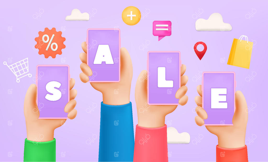 تصویرسازی سه‌بعدی وب: بنر موبایل هوشمند با اپلیکیشن خرید آنلاین