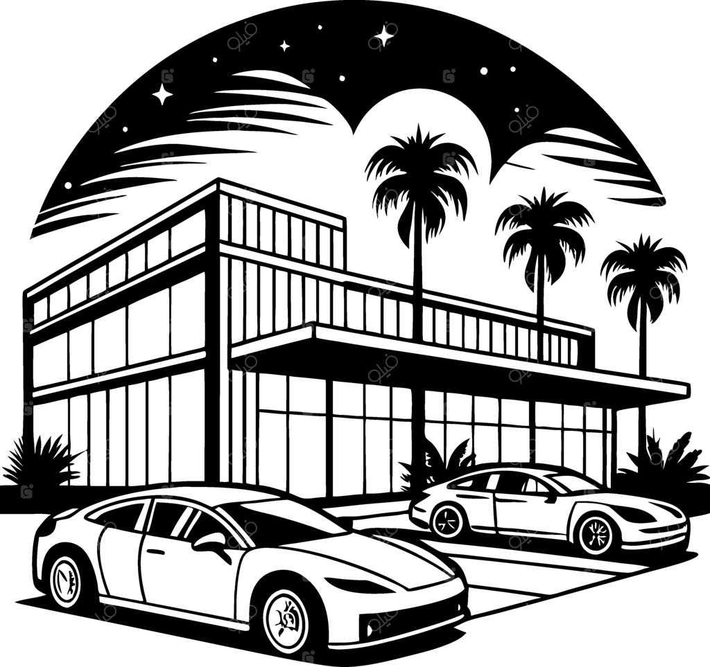 طراحی معماری مدرن با خودروهای لوکس و درختان نخل در زیر آسمان پرستاره شب