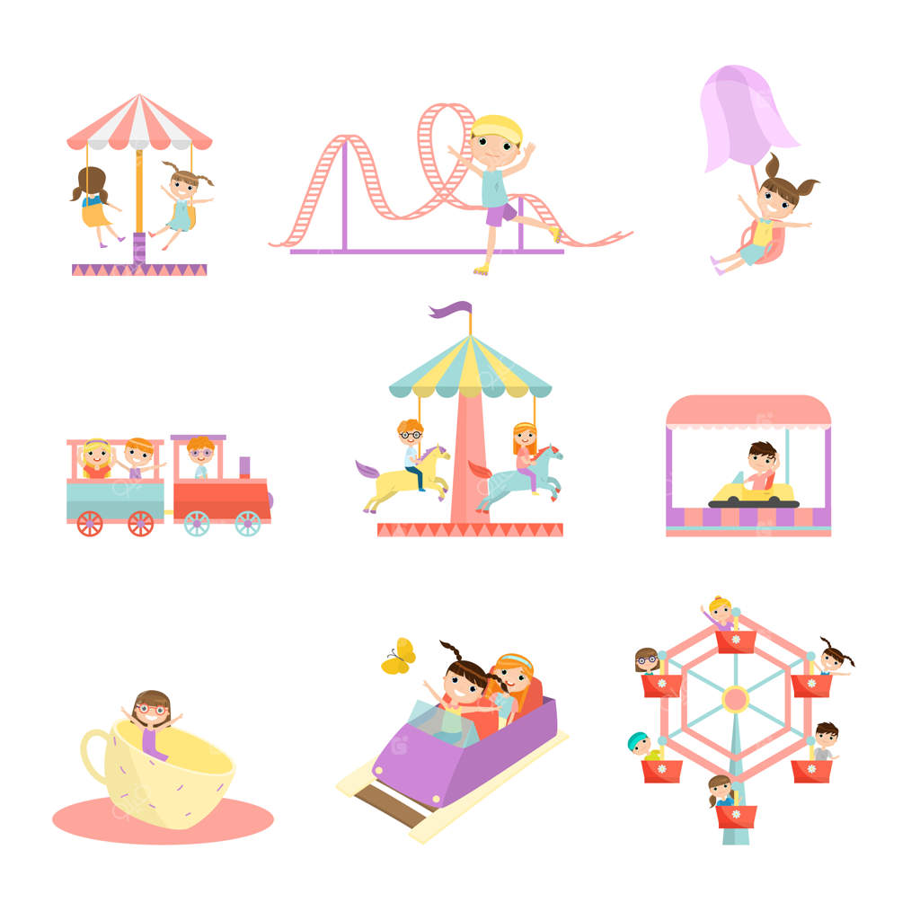 مجموعه‌ای از کودکان خوشحال و دوست‌داشتنی در شهر بازی. سبک ساده.