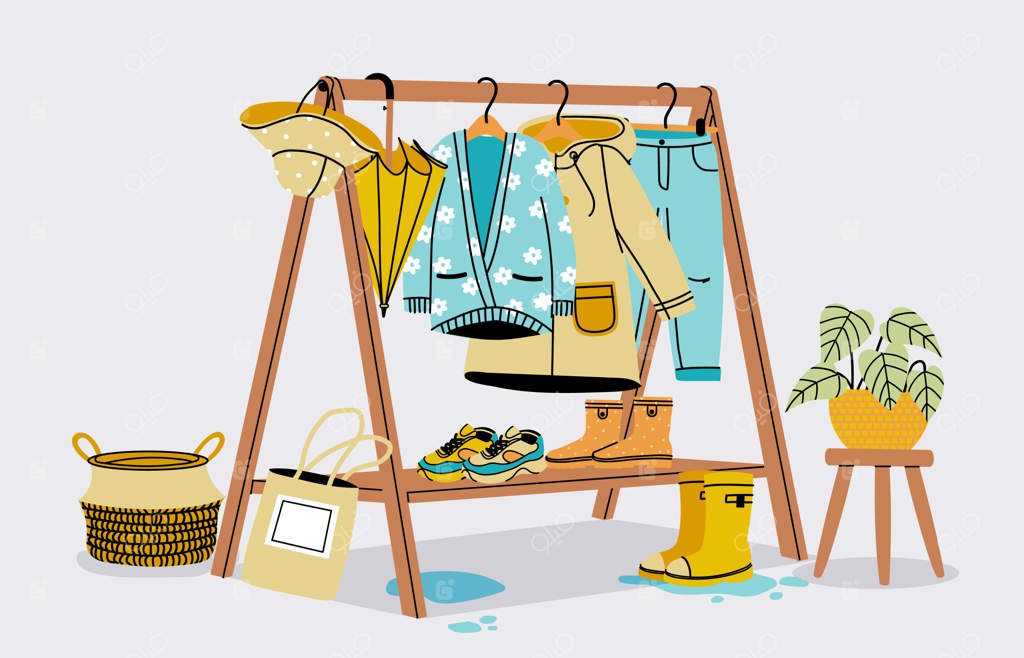 کمد پاییزی: لباس‌های فصل پاییزه روی ریل لباس، مد و پوشاک راحت و روزمره: پالتوها، کفش‌ها و لوازم جانبی، تصویرسازی لباس‌های گرم زمستانی روی قفسه‌ها